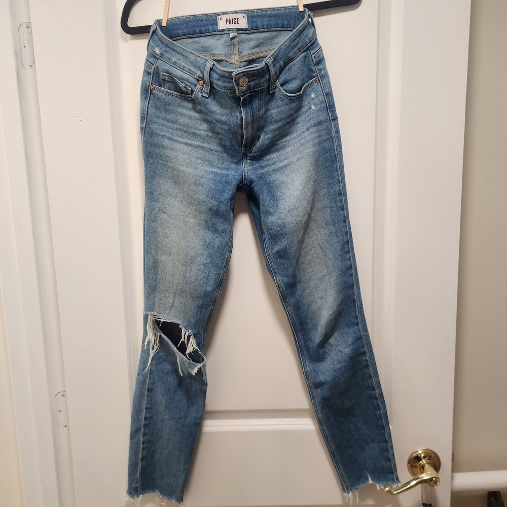 PAIGE Light Blue Distressed Ankle Jeans
